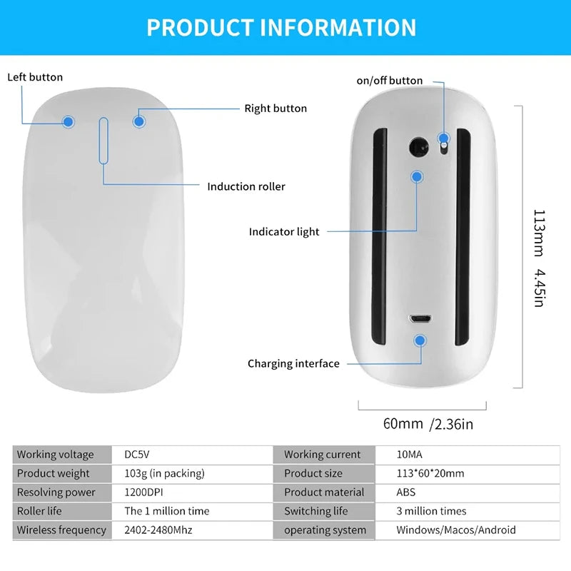 Xiaomi Wireless Bluetooth Magic Computer Mouse Dual-Mode Silent Rechargeable Touch Slim Ergonomic PC Mice For Apple Macbook Air
