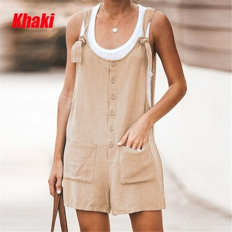 Summer Women's Solid Round Neck Pocket Loose Jumpsuit Shorts Bodys Mujer Black Romper Clothes Y2k 2024 Bodysuit Negro