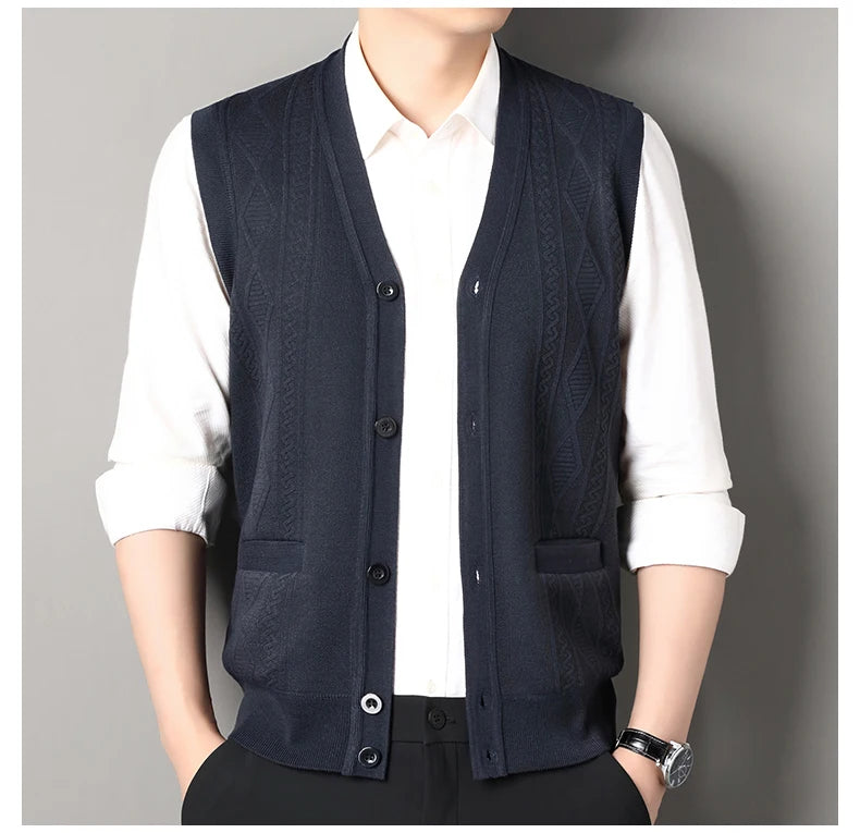 Autumn Winter Mens Vest Casual Sweater Vests Button Up Cardigan Men's V-neck Fashion Knitted Cardigans