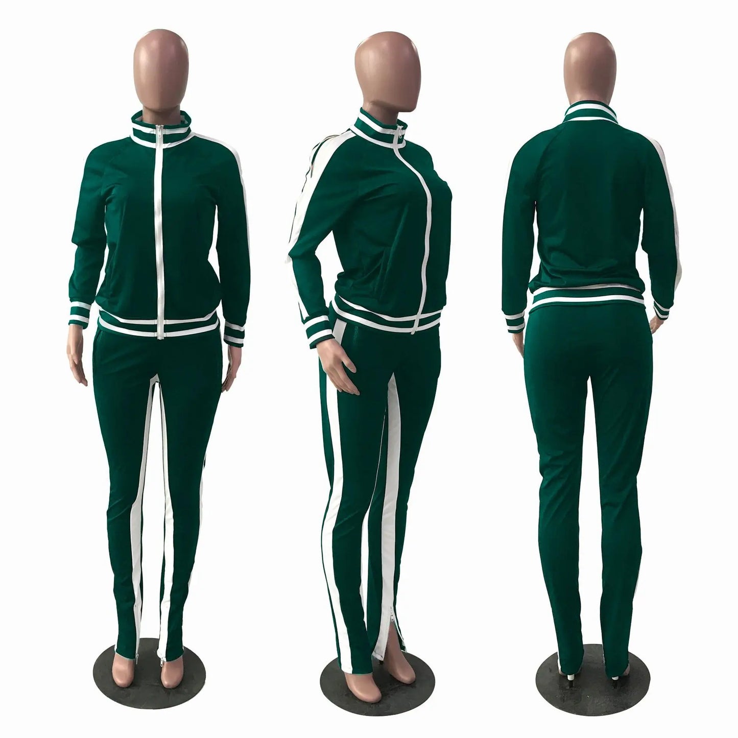 Women Pant Sets Tracksuit Zippers Jackets Striped Stand Collar Coats Pencil Pants Two Pieces Set Sports Casual Patchwork