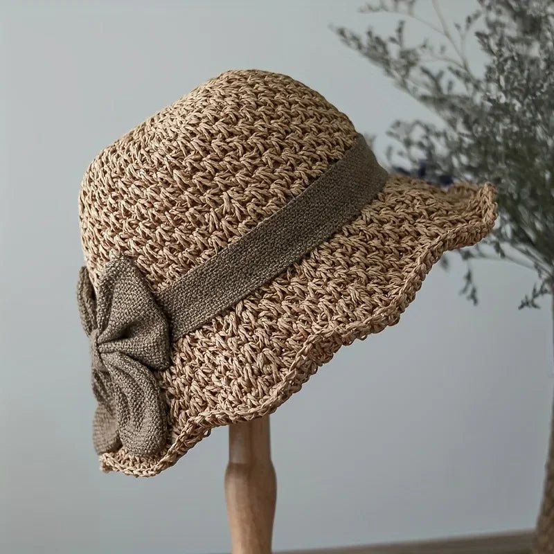 1pc/2pcs Elegant Sun Hat - Hand Woven with Vintage Ruffles and Bow, Foldable Travel Beach Hat