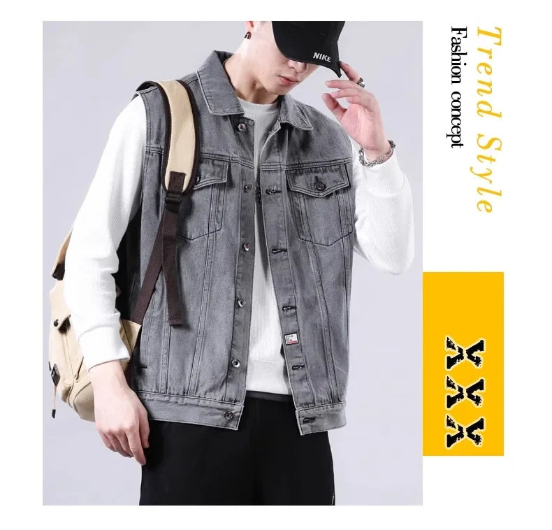 American Style Casual Men's Denim Jacket Loose Cool Retro Workwear Jacket Versatile Leisure Vest for Spring And Autumn