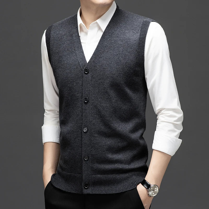 Sweaters Vests for Men Fashion Luxury Single Breasted Pullover Autumn Sleeveless Men Work Sweater Knitted Male Waistcoat Jumper
