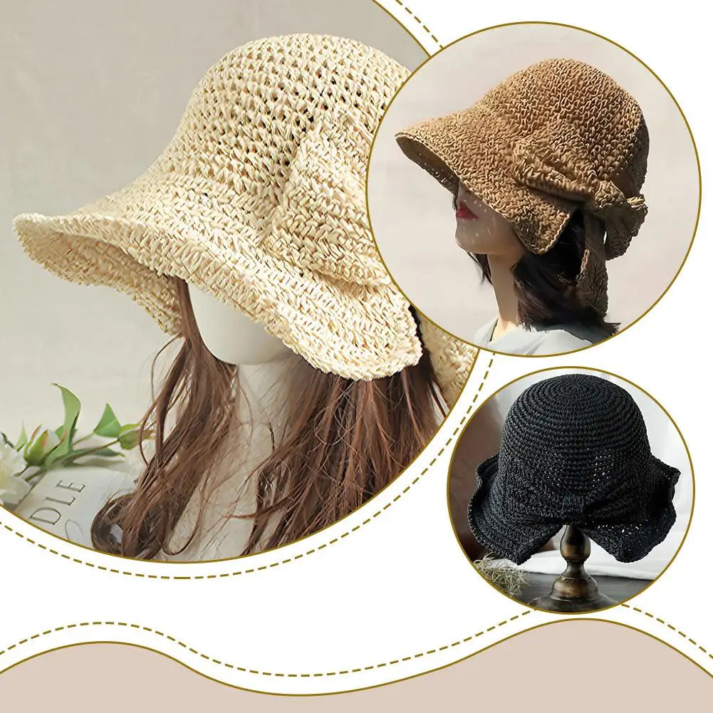 Women's Foldable Straw Sun Hat with Bow Wide Brim Beach Hat for Summer Lightweight Breathable Day Style Sun Protection