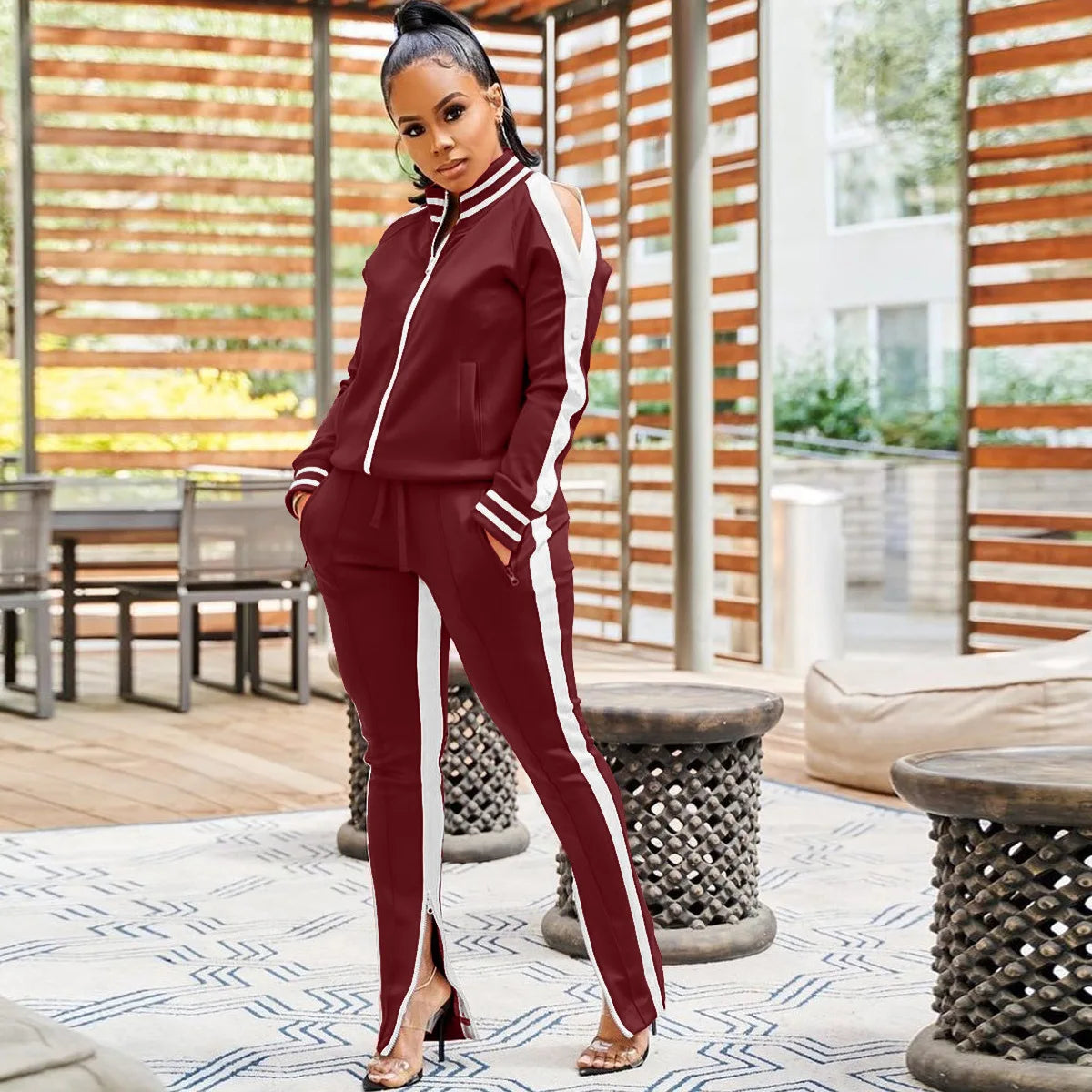 Women Pant Sets Tracksuit Zippers Jackets Striped Stand Collar Coats Pencil Pants Two Pieces Set Sports Casual Patchwork