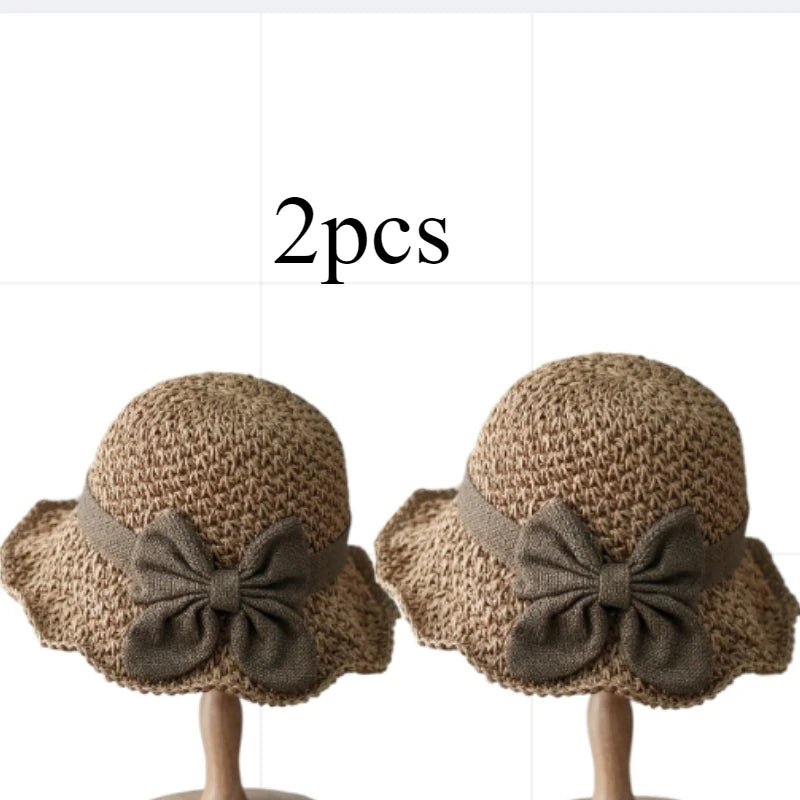 1pc/2pcs Elegant Sun Hat - Hand Woven with Vintage Ruffles and Bow, Foldable Travel Beach Hat