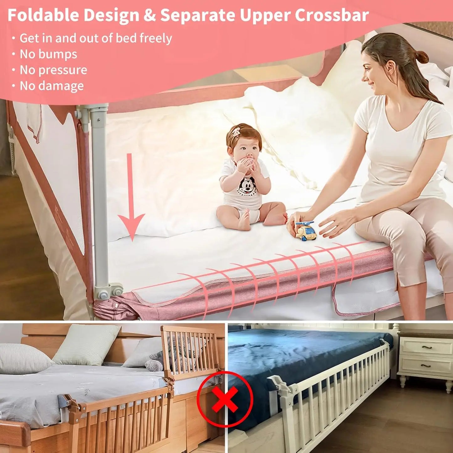 Toddlers Bed Rail For Queen Bed, Upgrade Baby Bed Rail Guard With U-Shape Base, Bed Guard Rail For Toddlers For Queen Size