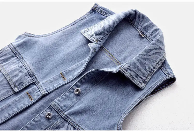 Women's Denim Vest Jacket 2025 Spring Autumn Stripe Splicing Short Jean Waistcoat Casual Tops Sleeveless Outerwear