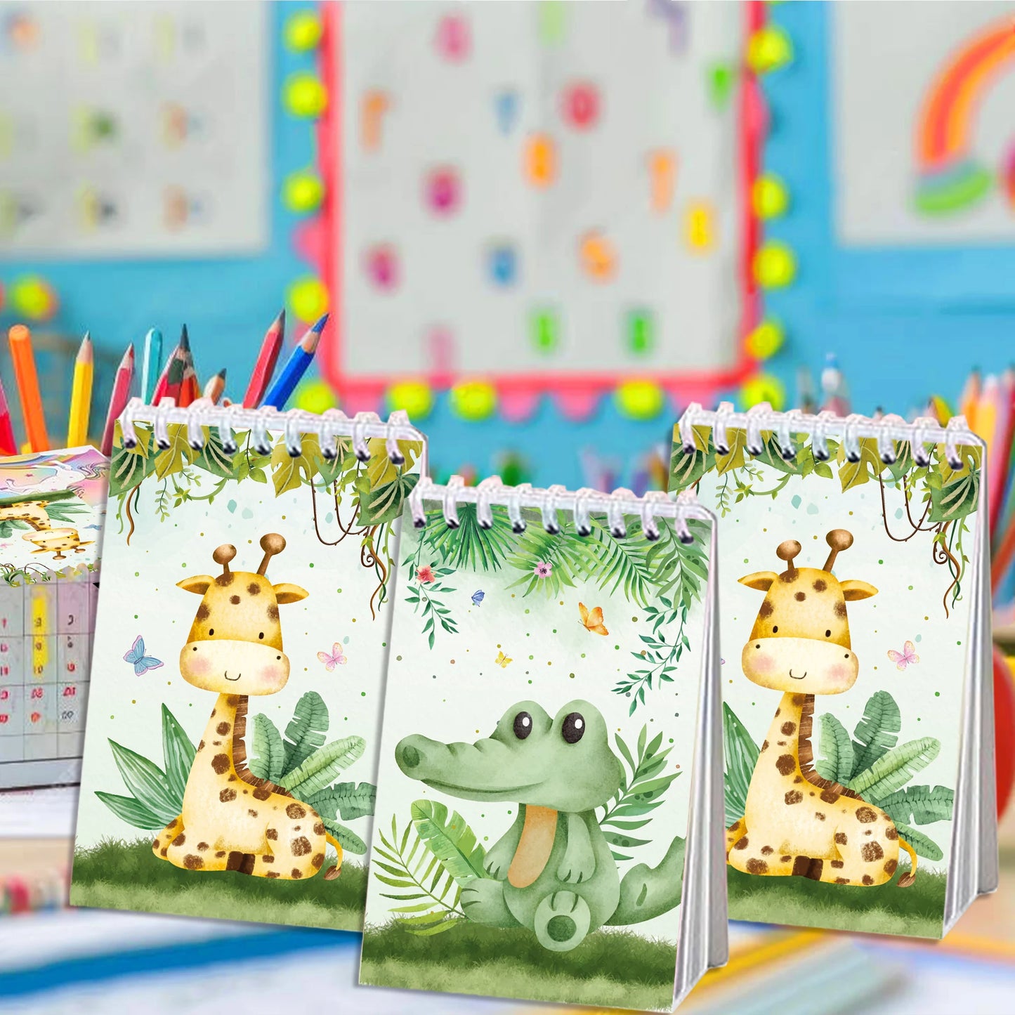 8pcs Jungle Animals Mini Spiral Notepads Cartoon Tiger Lion Pattern Spiral Coil Notebook for Birthday Party Supplies