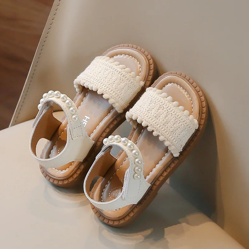 Unishuni Girls Sandals Princess One-Strap Summer Shoes Child Soft Skin-Friendly Cloth Sandal Kids Lace Pearl Bohemia Beach Flats