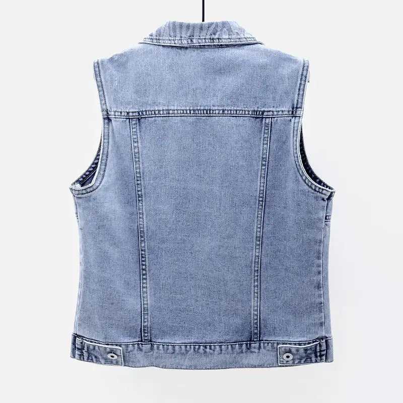 Women's Denim Vest Jacket 2025 Spring Autumn Stripe Splicing Short Jean Waistcoat Casual Tops Sleeveless Outerwear