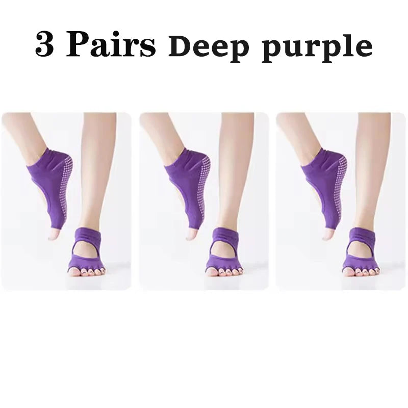 3 Pairs Women Backless Five Toe Yoga Socks Non-Slip Cotton Dance Ballet Pilates Socks Open Half Breathable Fitness Sports Socks