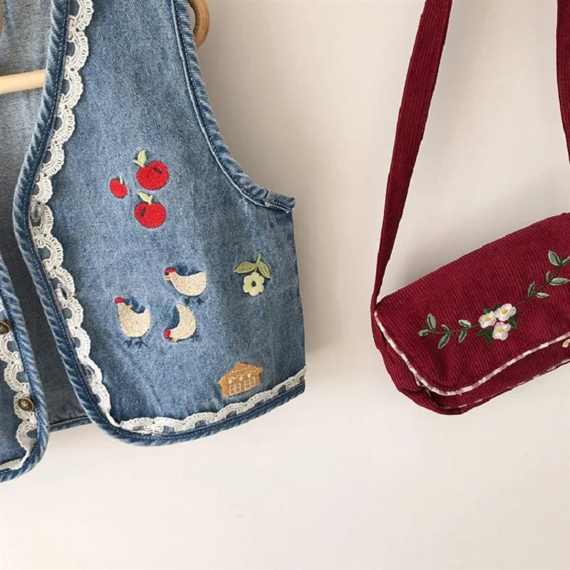 Baby and Girls Sweet Embroidered Work Single-Breasted Denim Vest Jackets School Kids Waistcoat Child Outfit Tops For 1-10 Yr