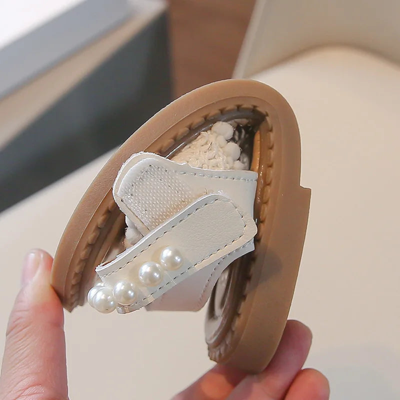 Unishuni Girls Sandals Princess One-Strap Summer Shoes Child Soft Skin-Friendly Cloth Sandal Kids Lace Pearl Bohemia Beach Flats