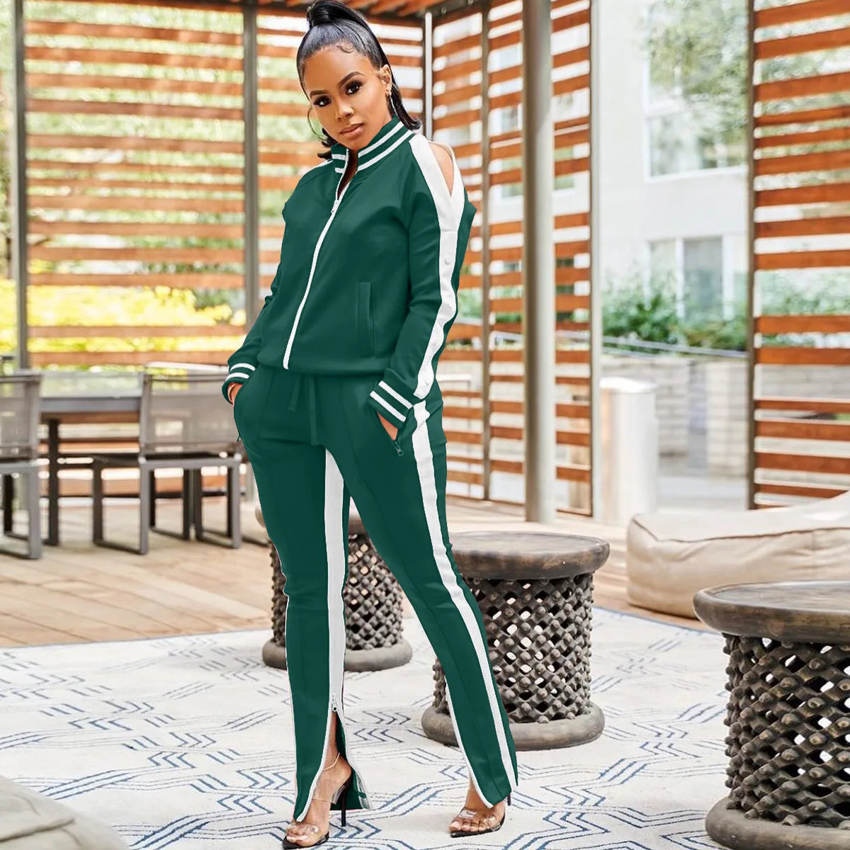 Women Pant Sets Tracksuit Zippers Jackets Striped Stand Collar Coats Pencil Pants Two Pieces Set Sports Casual Patchwork