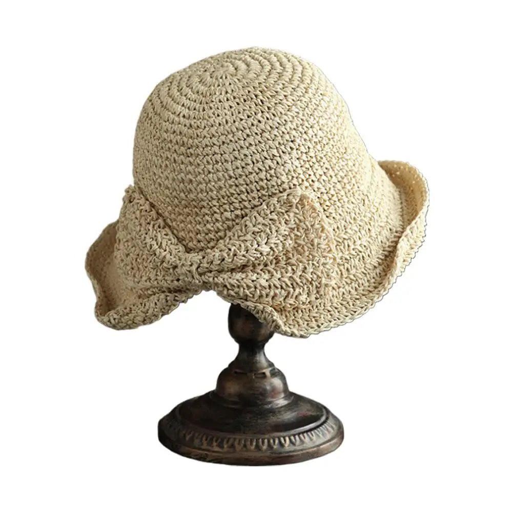 Women's Foldable Straw Sun Hat with Bow Wide Brim Beach Hat for Summer Lightweight Breathable Day Style Sun Protection