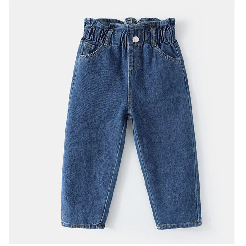 MILANCEL New Spring Kids Jeans Girls Cute Solid Color Denim Blue Pants Children Loose Trousers