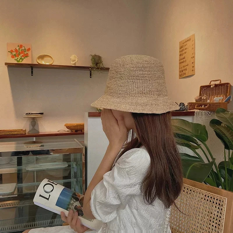 Natural Raffia Designer Beach Sun Hat for Women Handmade Crochet Straw Hat Ladies Spring Summer Bucket Hat Floppy Fisherman Cap