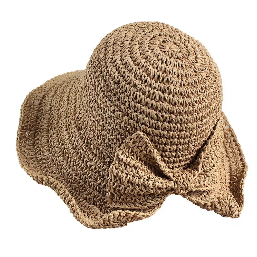 Women's Foldable Straw Sun Hat with Bow Wide Brim Beach Hat for Summer Lightweight Breathable Day Style Sun Protection