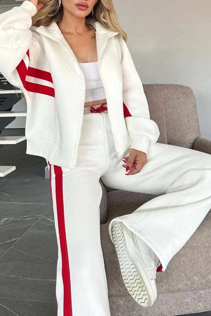Two Piece Set Women Fashion Striped Print Lapel Zipper Coat High Waist Pants Outfit Autumn Winter Long Sleeve Suit Tracksuit