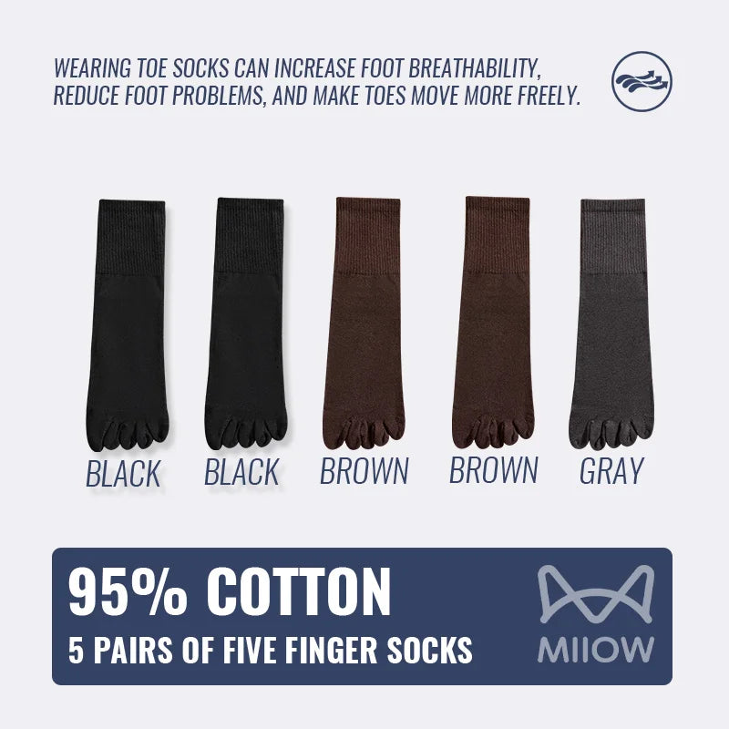 MiiOW 5Pairs Men Five Finger Long Socks Set Lycra Band Deodorant Antibacterial Sports Split Toe Stocking Causal Pure Cotton Sock
