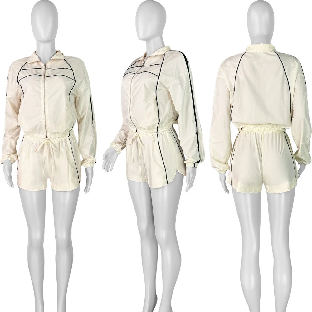 FAGADOER Casual Color Block 2 Pieces Set for Woman Long Sleeve Zipper Crop Jacke and Drawstring Shorts Female Jogger Clothing