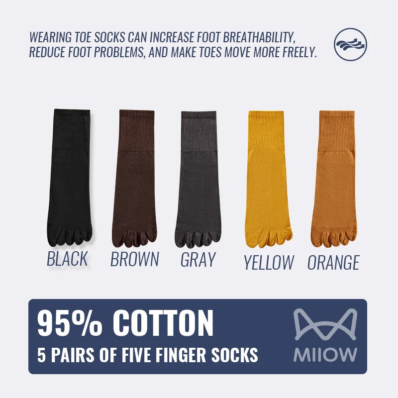 MiiOW 5Pairs Men Five Finger Long Socks Set Lycra Band Deodorant Antibacterial Sports Split Toe Stocking Causal Pure Cotton Sock