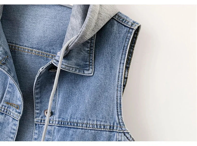 New Women Denim Vest Jackets Spring Autumn Pocket Hooded Short Jean Waistcoat Sleeveless Jacket Outerwear Female Casual Top 5XL