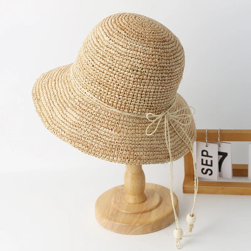 Natural Raffia Designer Beach Sun Hat for Women Handmade Crochet Straw Hat Ladies Spring Summer Bucket Hat Floppy Fisherman Cap