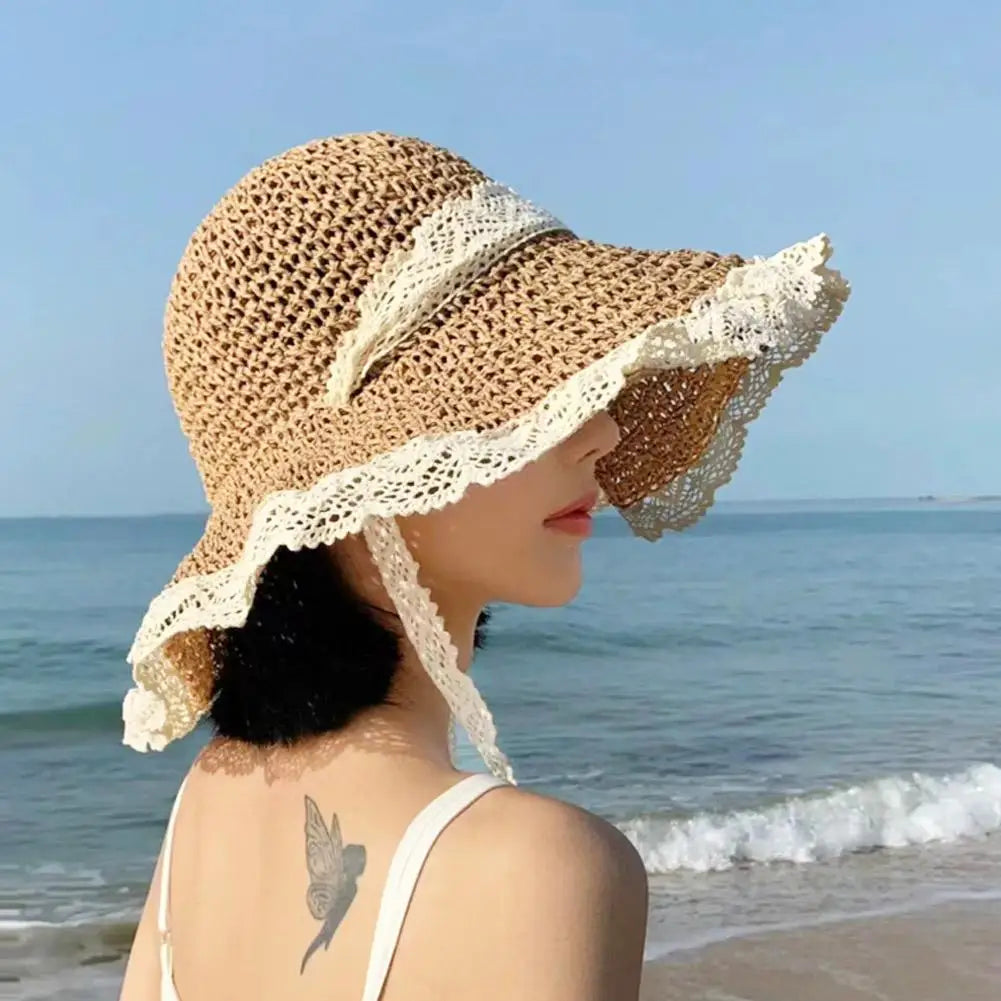 Summer Women's Lace Straw Beach Hat Foldable Sun Hat with Wide Brim Fresh Stylish Sunblock Shade Hat Perfect for Travel Holiday