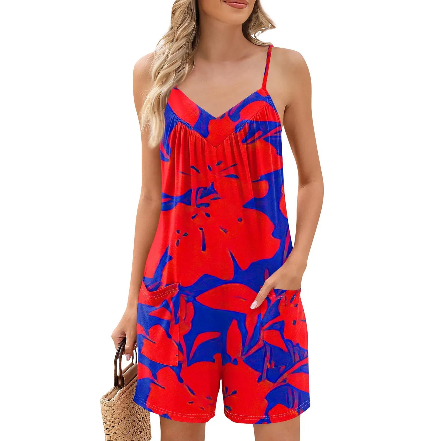 Summer Beautiful Colourful Floral Printing Daily Streetwear Playsuit Fashionable Casual Sleeveless Jumpsuit Shorts With Pockets