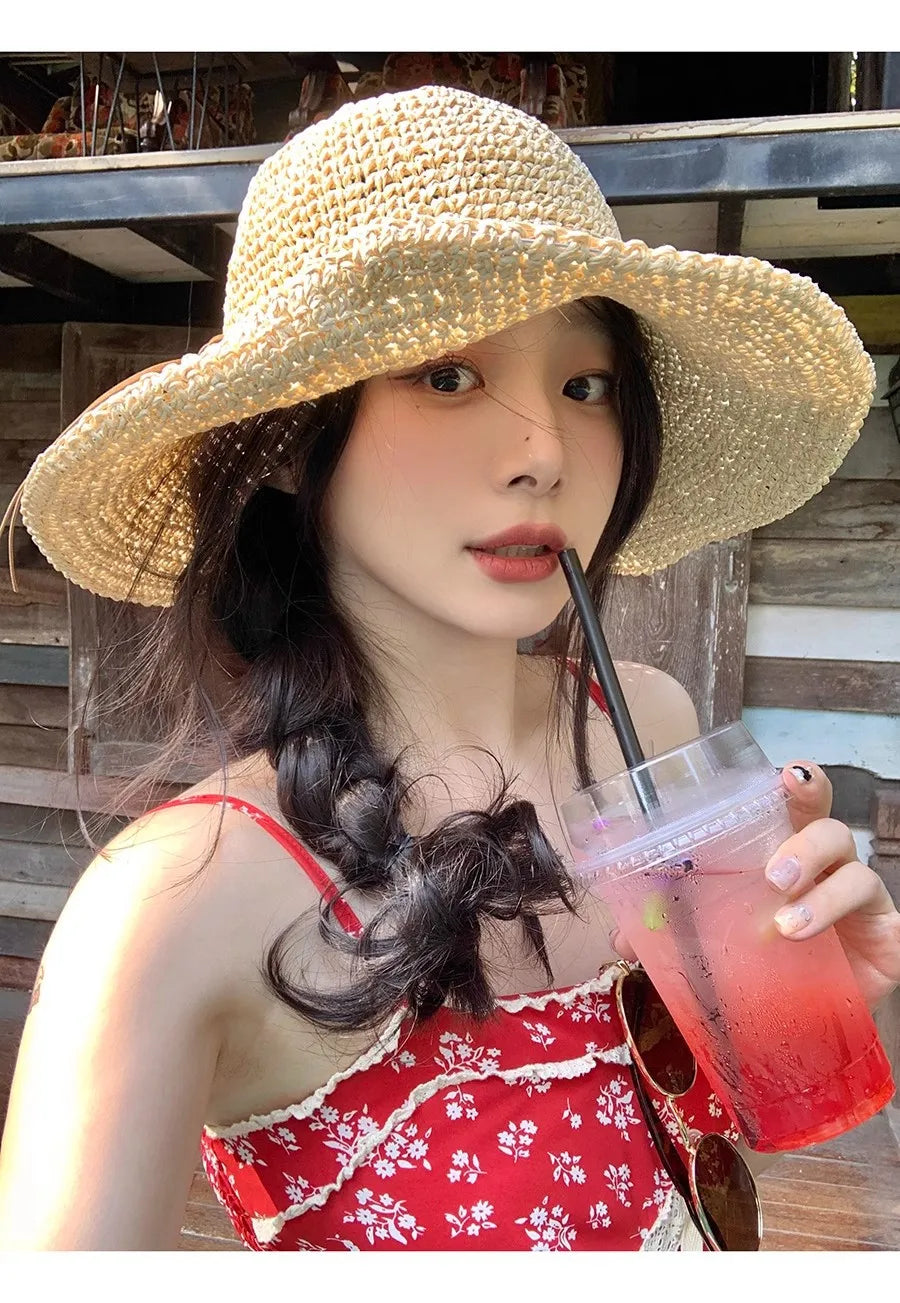 Holiday Sle Beach Fisherman Hat Seaside Sun Protection Sun Hat Large Brim Bow Woven Straw Hat Women Panama Chapeau Korean