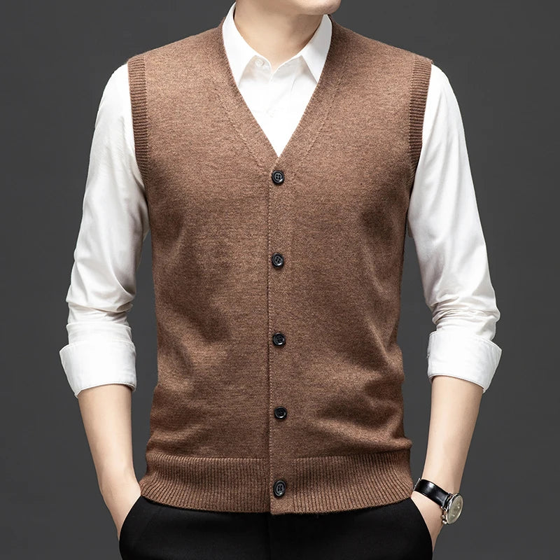Sweaters Vests for Men Fashion Luxury Single Breasted Pullover Autumn Sleeveless Men Work Sweater Knitted Male Waistcoat Jumper