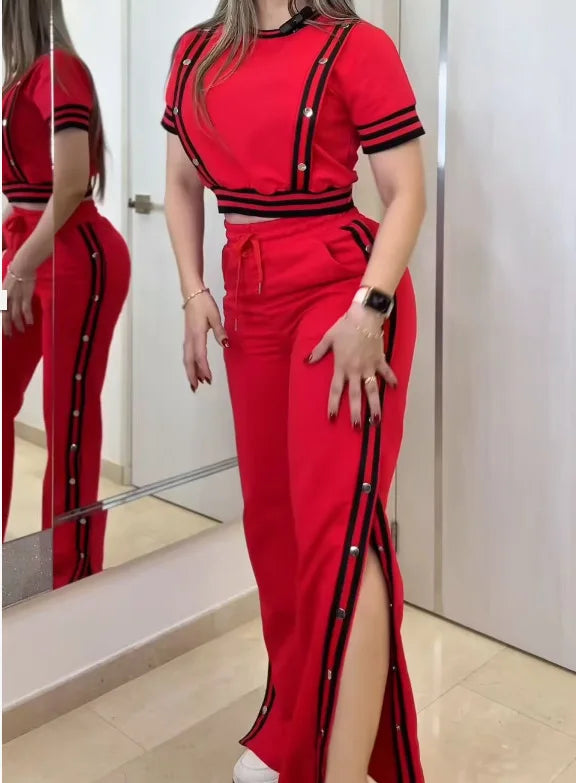 Fashion Rivet T Shirt Short Sleeved Long Pants Women's Set Autumn Casual Striped Red Slit Straight through Long Pants Sports Set