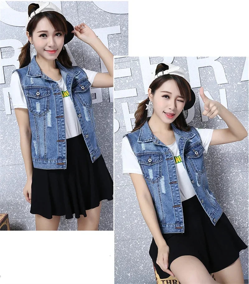 2024 New Vintage Hole Sleeveless Jean Waistcoat Short Jacket Female Outerwear 4XL 5XL 6XL Spring Autumn Denim Vest Women Clothes