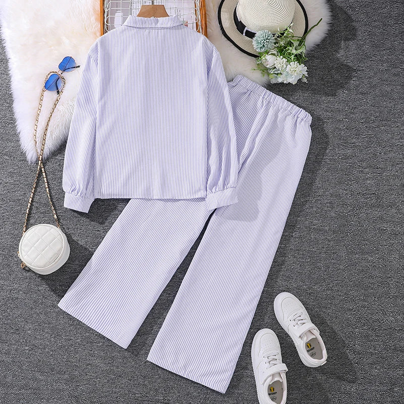 Kids Costume Suit For 4-12 Years Girls Pink Striped Long Sleeve Lapel Cardigan Shirt & Pants Daily Causal Style Comfortable Suit
