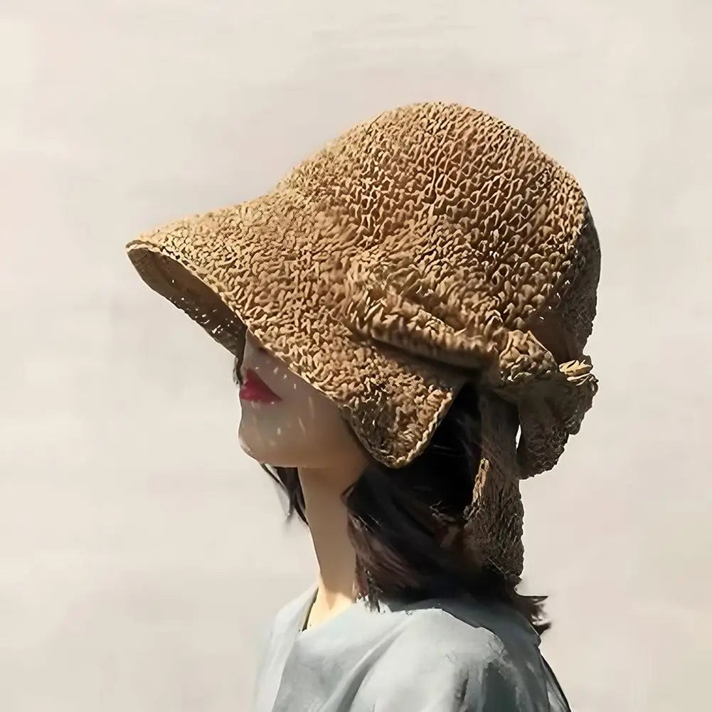 Women's Foldable Straw Sun Hat with Bow Wide Brim Beach Hat for Summer Lightweight Breathable Day Style Sun Protection