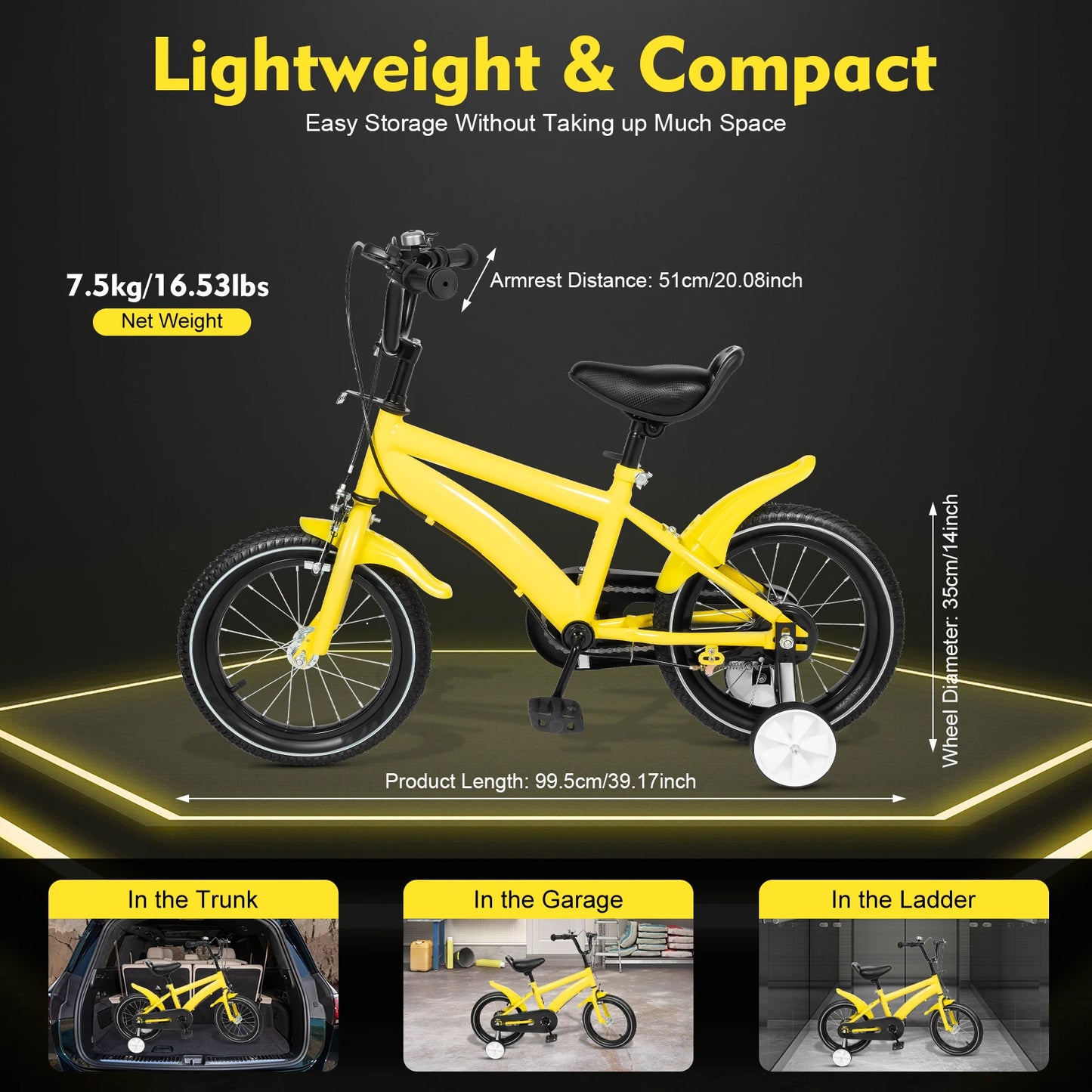 14 Inch Kids Bike Adjustable Seat Dual Brakes Children's Bicycle Load 50kg w/Training Wheels for Ages 2-4, Yellow/Blue/Red/White