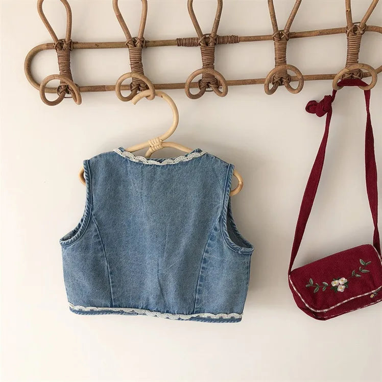 Baby and Girls Sweet Embroidered Work Single-Breasted Denim Vest Jackets School Kids Waistcoat Child Outfit Tops For 1-10 Yr