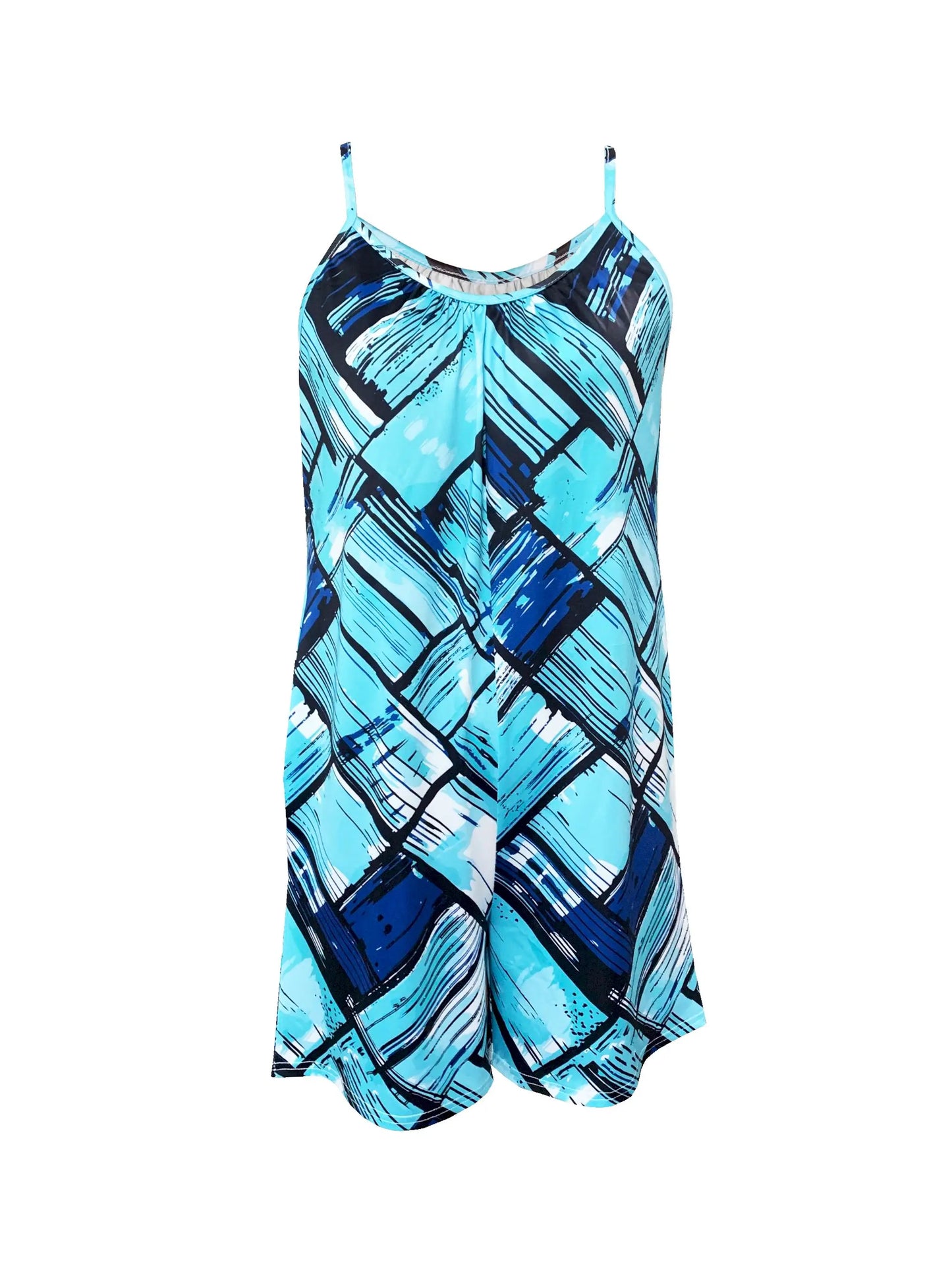 Women's Blue Geometric Print Sleeveless Jumpsuit vacation outfits woman business casual Jumpsuit