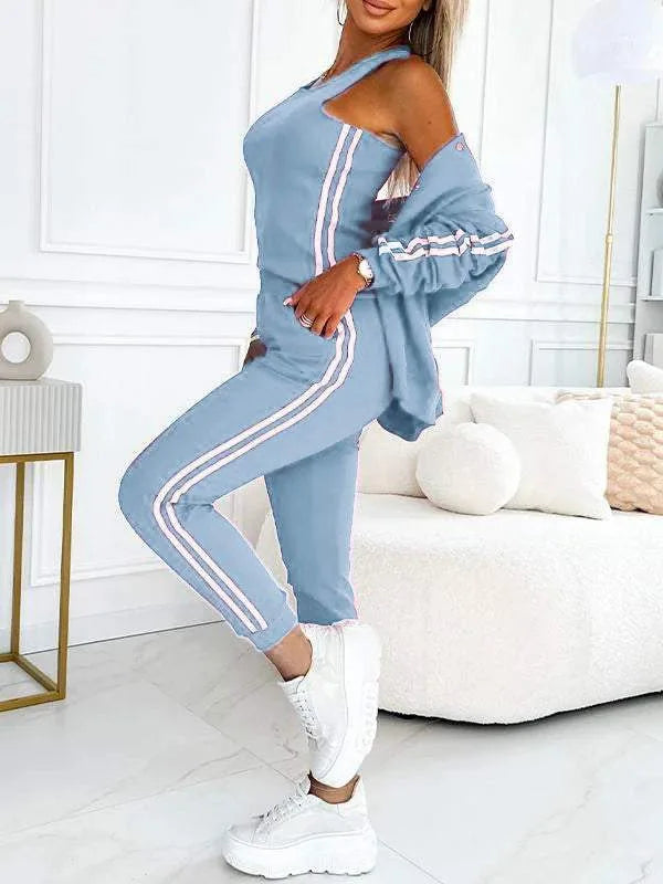 Autumn Winter Fashion Red Black Casual 3 Piece Sets Women O-neck Slim Tank Top + Button Long Sleeve Jacket And Pencil Pant Set