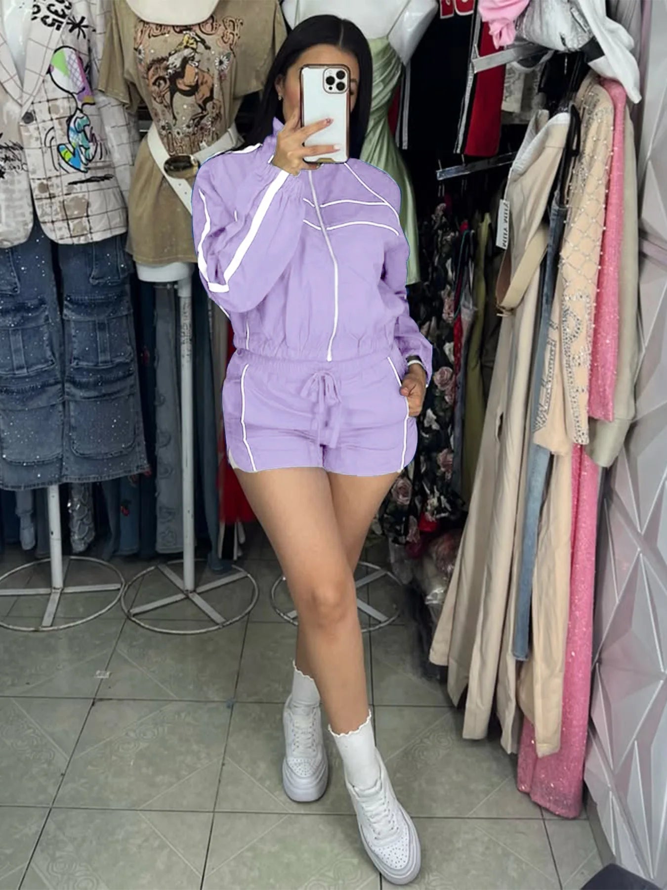 Shorts Pant Set Women Two Piece Sets Turn Down Collar Matching Sets Zipper Coats High Waist Y2k Streetwear Elegant Short Pants