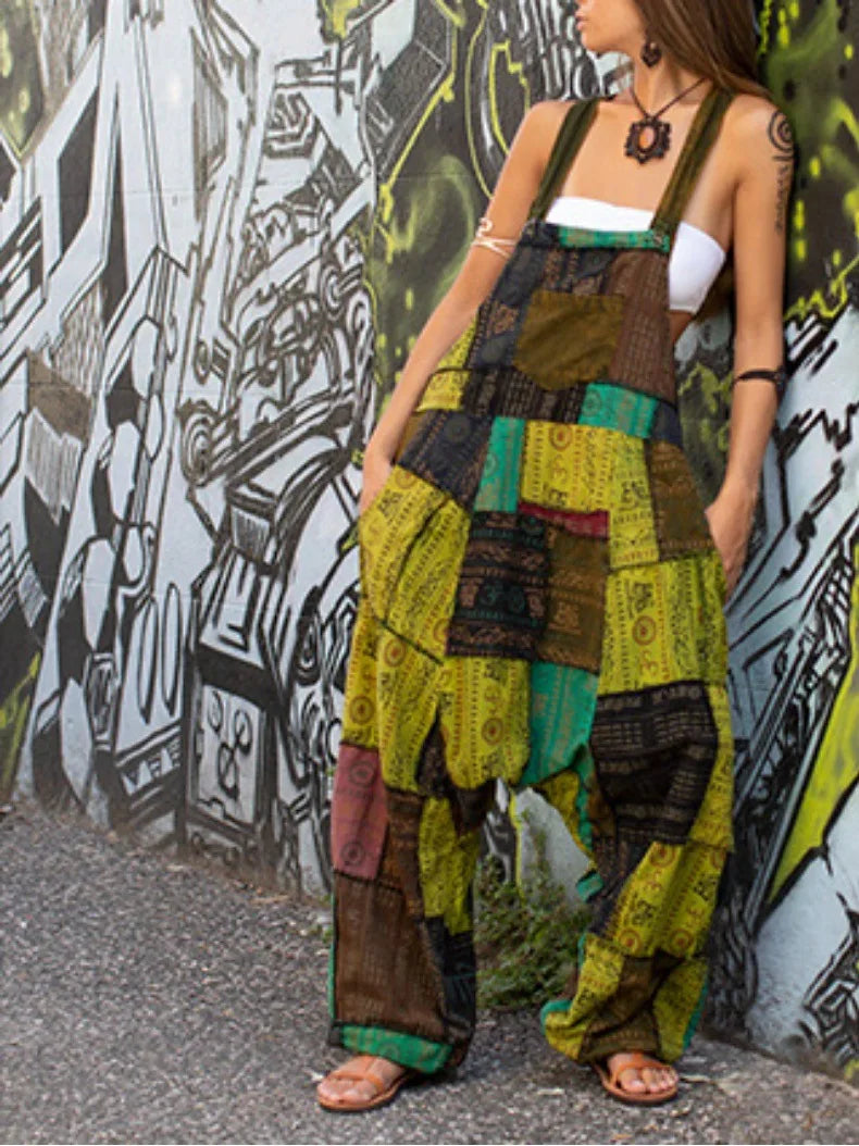 Fashion Patchwork Suspender Trousers Jumpsuit For Women Hip-hop Patchwork Ethnic Print Loose Harem Pantsstreet Rompers Female