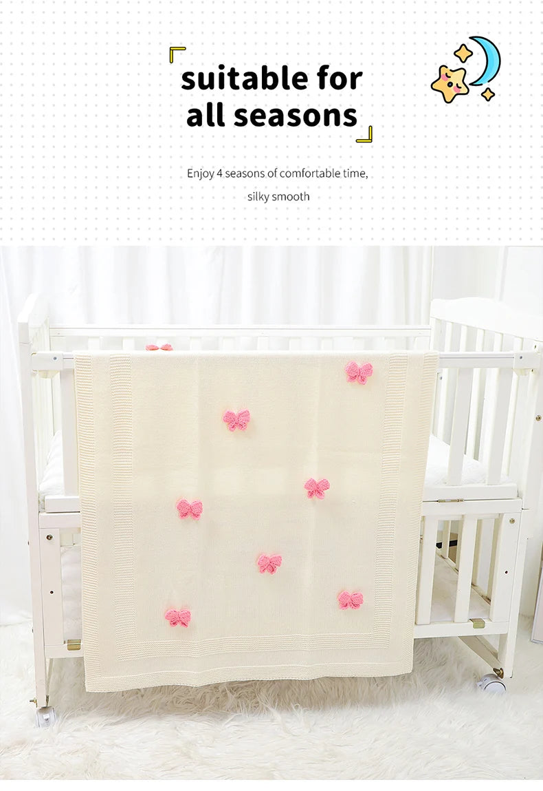 Baby Blankets Knit Newborn Boy Girl Bedding Quilt 90*70CM Infant Stroller Swaddle Wrap Super Soft Fashion Cute 3D Bows Sleepsack
