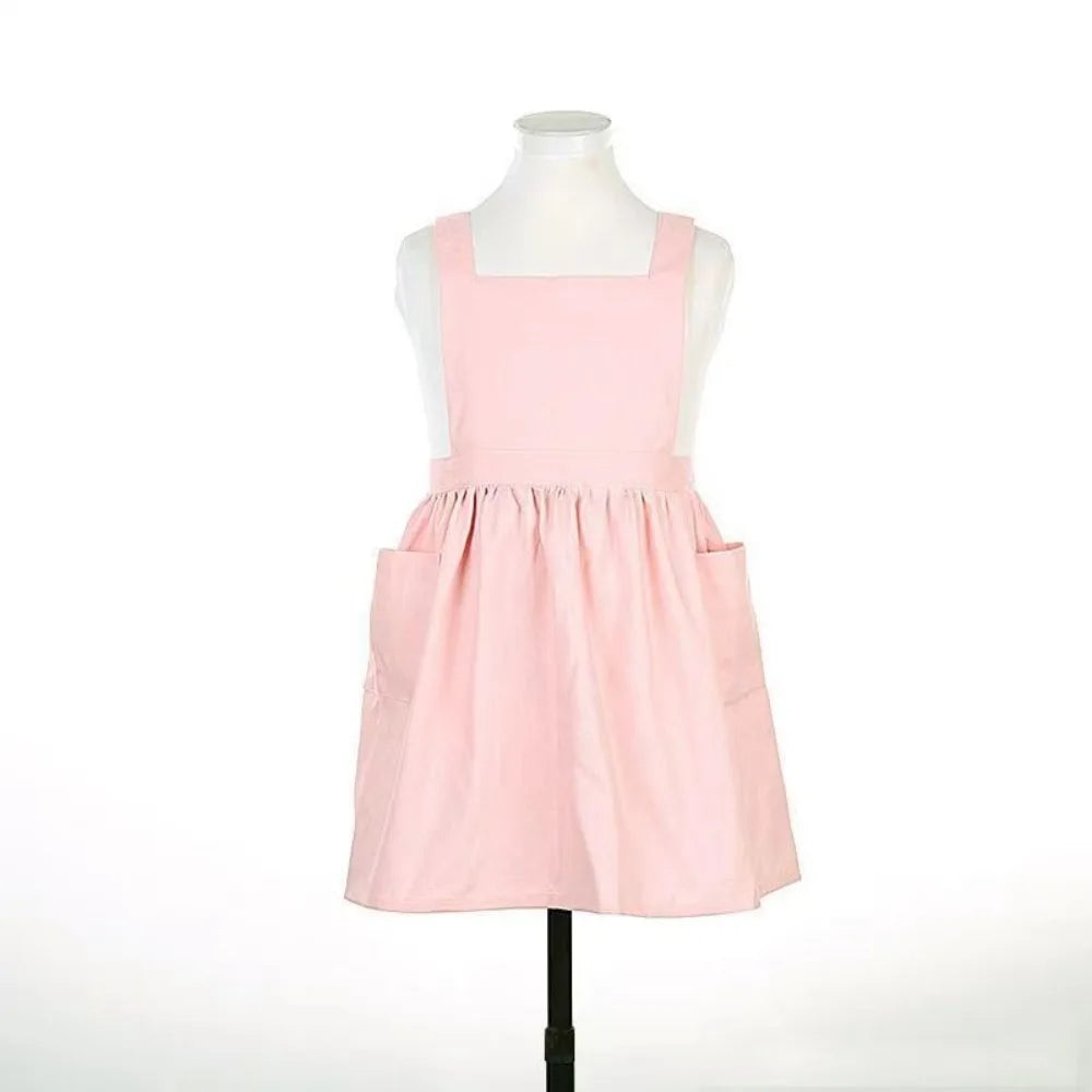 Kawaii Japanese Style Kids Apron Dress Solid Color Cotton Coffee Aprons Cross-back Soft Gardening Overalls Kitchen Accessories