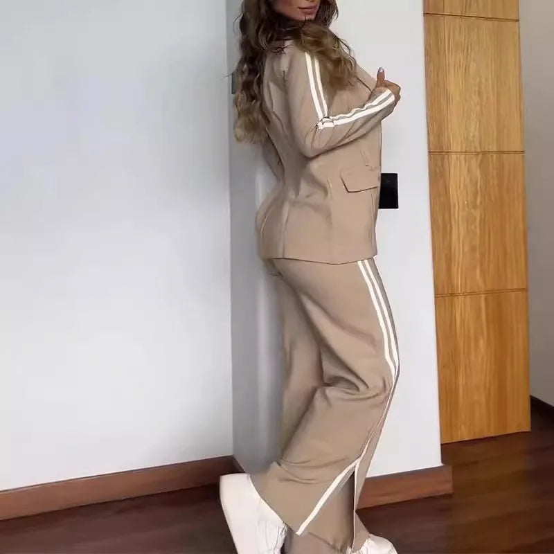 Women 2 Piece Sets Suit Jacket Wide Leg Pants Turn Down Collar Pockets Striped Blazer Coat Trousers 2025 Office Lady Outfits