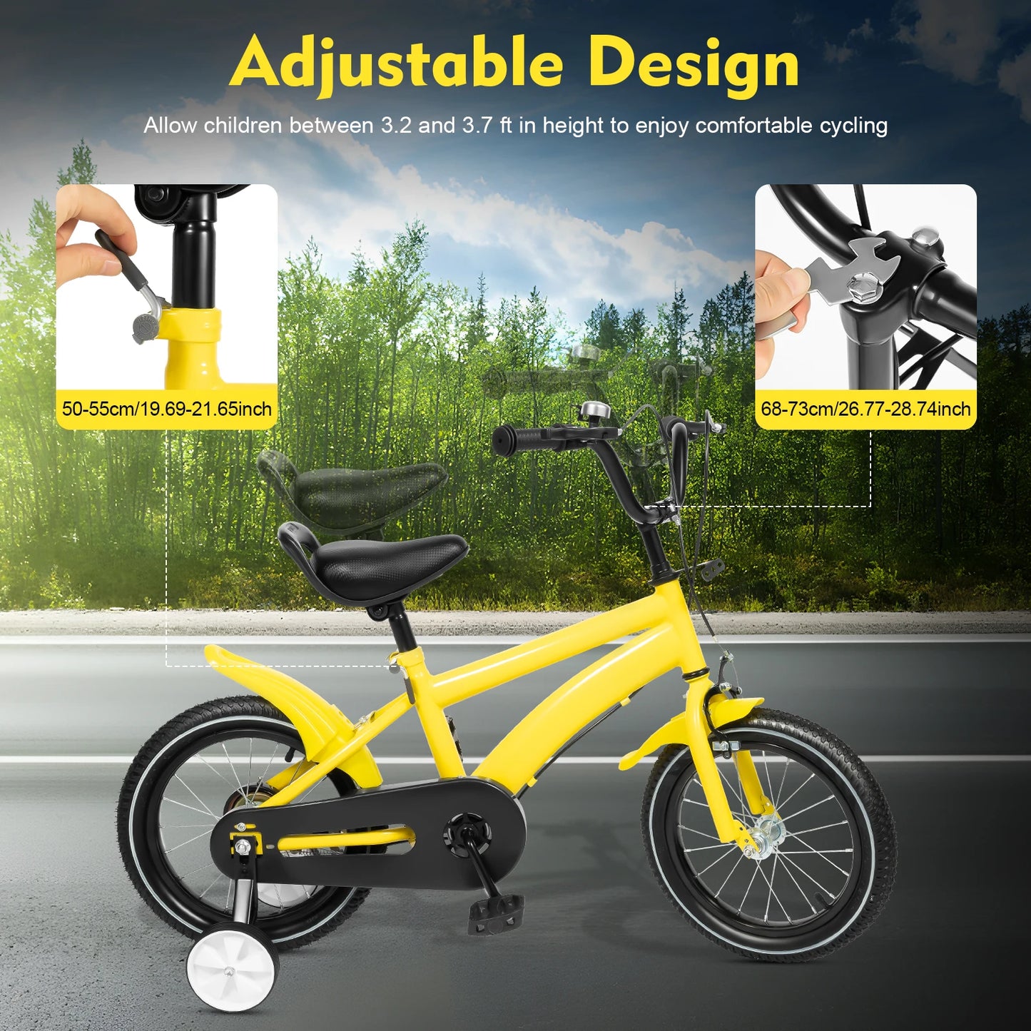 14 Inch Kids Bike Adjustable Seat Dual Brakes Children's Bicycle Load 50kg w/Training Wheels for Ages 2-4, Yellow/Blue/Red/White