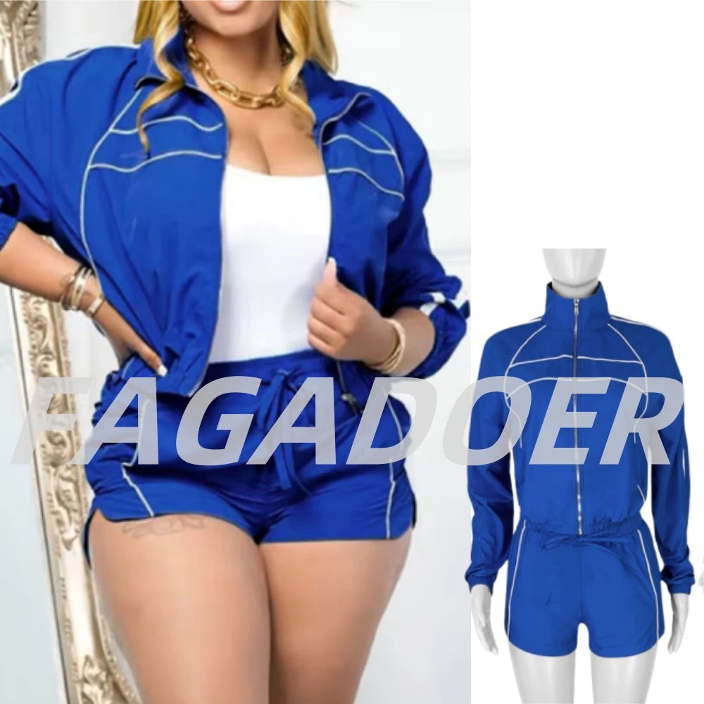 FAGADOER Casual Color Block 2 Pieces Set for Woman Long Sleeve Zipper Crop Jacke and Drawstring Shorts Female Jogger Clothing