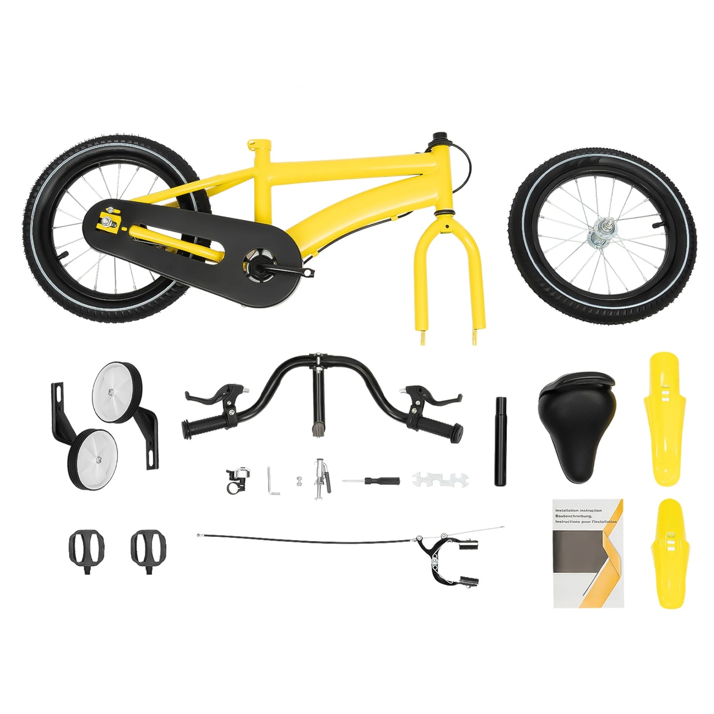 14 Inch Kids Bike Adjustable Seat Dual Brakes Children's Bicycle Load 50kg w/Training Wheels for Ages 2-4, Yellow/Blue/Red/White