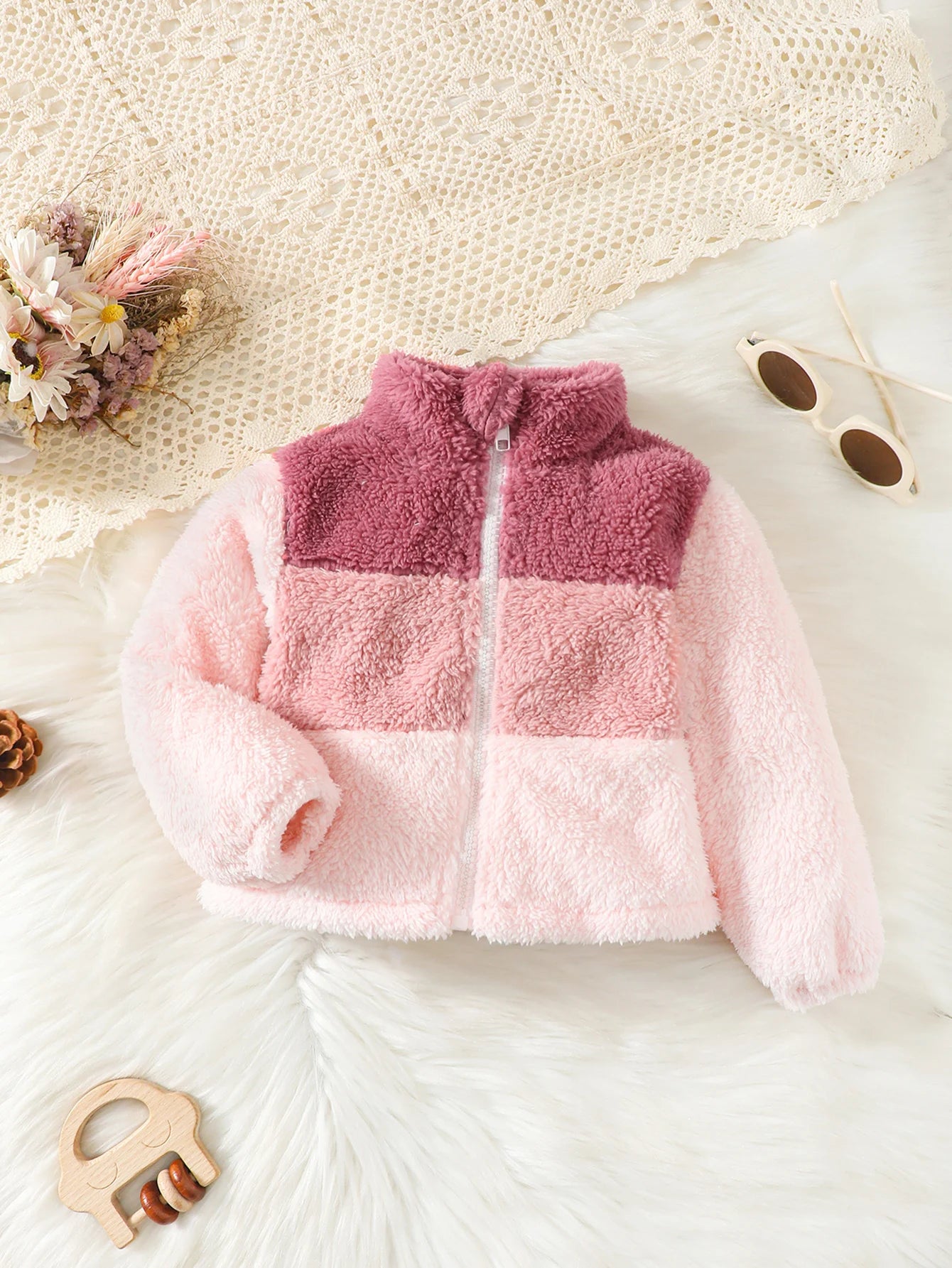 2-8 Years Kids Girl Plush Overcoat Long Sleeves Lapel Zippered Coat for Winter Outdoor Wear Fashion Color Blocking Warm Top